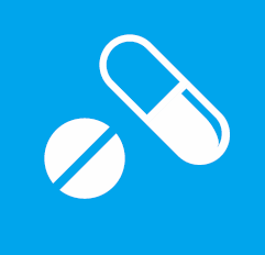 Blue and white icon, with graphic images of medication and pills.